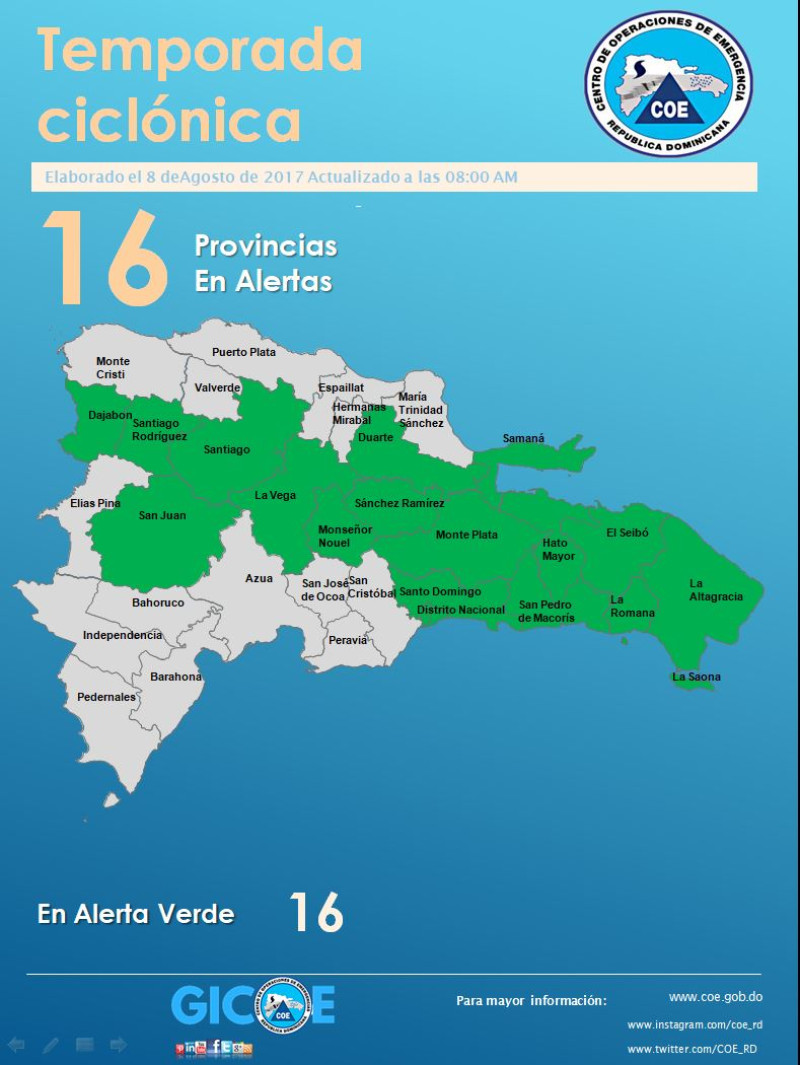 COE amplía alerta verde para 16 provincias y el Distrito Nacional