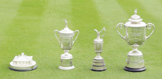 Los 4 trofeos de Majors. Desde la izquierda, Masters, US Open, British Open y finalmente el del PGA Championship.