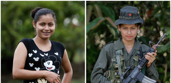 En esta combinación de imágenes, la guerrillera de las FARC Mayerly Muñoz muestra su embarazo de 32 semanas el 28 de febrero de 2017 en el campamento de las FARC en la zona de desarme de La Carmelita, en el estado suroccidental de Putumayo, en Colombia (izquierda), junto a fotografía tomada el 16 de agosto de 2016 en un campo en la selva en la misma zona. Entre los casi 7.000 guerrilleros hay 114 embarazadas y 77 lactantes, según el gobierno. (AP Foto/Fernando Vergara)