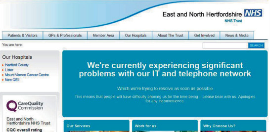 Hospitales. Captura de pantalla tomada de la página de los servicios de salud para las zonas de East y North Hertfordshire luego de problemas técnicos el viernes 12 de mayo de 2017.