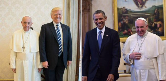 Un contraste particular caracteriza las fotografías de las visitas al Papa Francisco de los últimos dos inquilinos de la Casa Blanca, Barack Obama (expresidente) y Donald Trump (actual), donde en la primera ambos aparecen sonrientes y en la segunda, aunque Trump se muestra a carcajadas no sucede lo mismo con el pontífice.