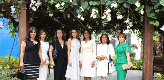 De izquierda a derecha, Angelita de Vargas, Patricia de Moya, Rosanna Rivera, la reina Letizia, la primera dama Cándida de Medina, Wendy de Franjul y Lucía Medina, durante el recorrido por las instalaciones del CAID, en la avenida Luperón de la capital.