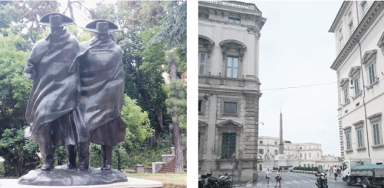 Monumento a los Carabineros en un jardín de la Vía del Quirinale. 2-El obelisco en Piazza Quirinale estuvo antes en el Mausoleo de Augusto.