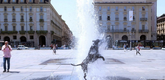 Un perro se baña en la fuente de una céntrica plaza de Turín (Italia). EFE/Alessandro Di Marco