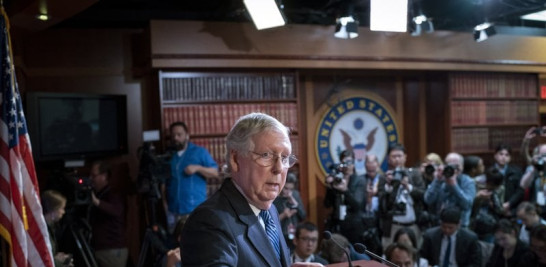 El líder de la mayoría en el Senado Mitch McConnell durante una conferencia de prensa en el Capitolio, Washington, el miércoles 5 de febrero de 2020. Foto: AP.