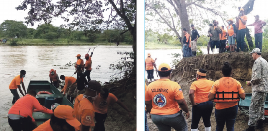 Brigadistas de la Defensa Civil y otros organismos de socorro supervisan daños y colaboran con residentes de vecindades de Puerto Plata afectadas por inundaciones.