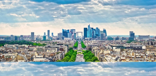 Arriba:  El skyline de Paris 'original' tal y como es en la realidad actualmente (imagen de Remitly)./Abajo: Skyline de París después de editado sin los edificios diseñados por arquitectos extranjeros (Foto cedida por Remitly).