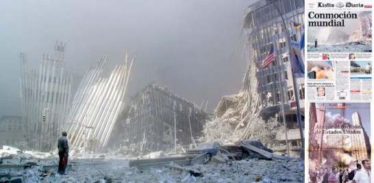 Imagen que ilustró la portada de Listín Diario el 12 de septiembre, un día después de los atentados contra las torres gemelas, en nueva York. /AP