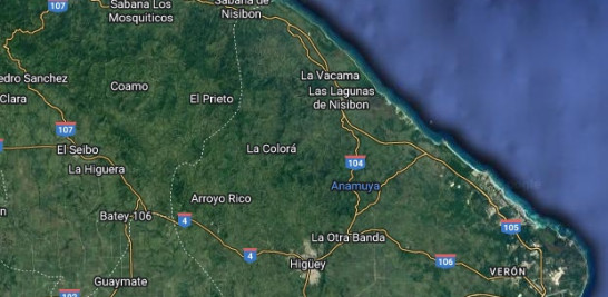 En azul, la ubicación de Anamuya, al noreste del municipio de Higey, en La Altagracia.