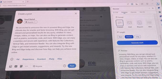 Fotografía de una proyección en pantalla de una publicación en redes sociales generada por inteligencia artificial presentada en la sede de Microsoft en Redmond, Washington (EE. UU). EFE/Sarah Yañéz-Richards
