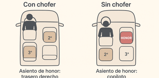 El orden de salida es al contrario. El segundo pasajero en importancia saldrá el primero. La persona que se sienta como copiloto bajará a abrir la puerta del pasajero de mayor rango, sentado justo detrás de él.