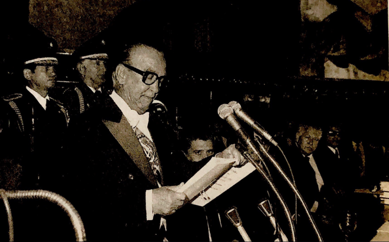 Presidente Antonio Guzmán pronuncia discurso en toma de posesión el 16 de agosto de 1978.
