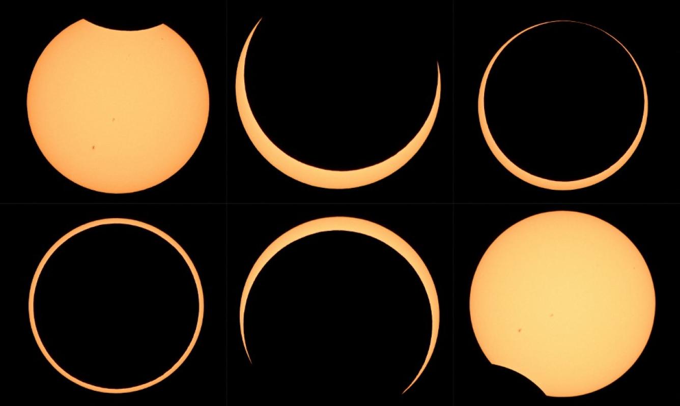 Esta combinación de imágenes creadas el 14 de octubre de 2023 muestra que la Luna cruza frente al Sol sobre Albuquerque, Nuevo México, durante un eclipse anular el 14 de octubre de 2023. Patrick T. FALLON / AFP
