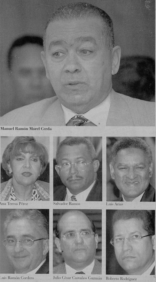 Los jueces de la JCE en el 2000: Manuel Ramón Morel Cerda, Ana Teresa Pérez, Salvador Ramos, Luis Arias, Luis Ramón Cordero, Julio César Castaños Guzmán y Roberto Rodríguez