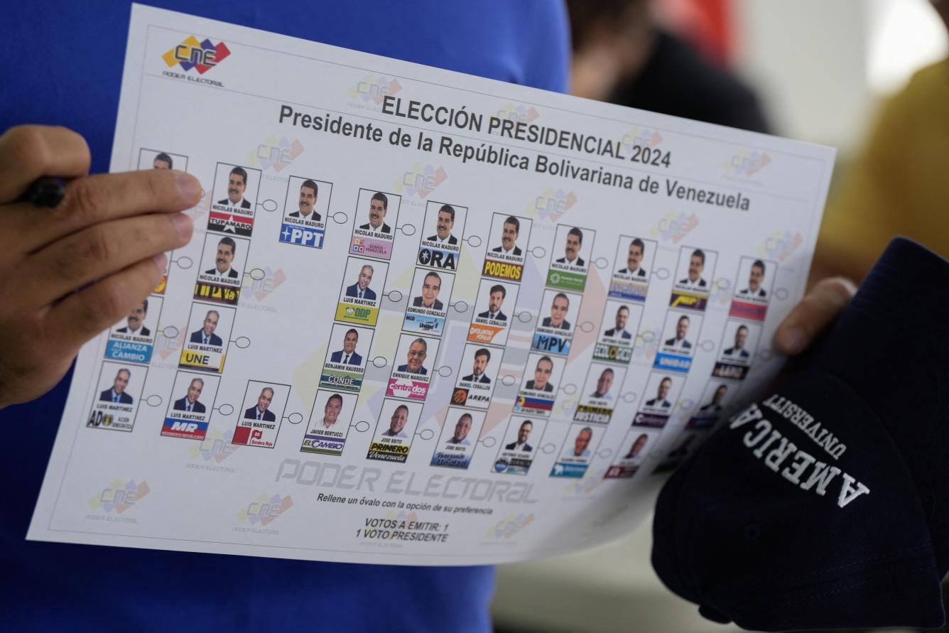 An example ballot is pictured during the presidential election at the Venezuelan embassy in Panama City on July 28, 2024. Venezuelans vote Sunday between continuity in President Nicolas Maduro or change in rival Edmundo Gonzalez Urrutia amid high tension following the incumbent's threat of a 