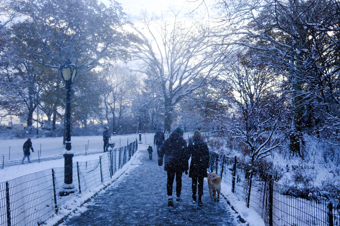 La gente camina por Central Park mientras cae nieve en la ciudad de Nueva York el 21 de diciembre de 2024.