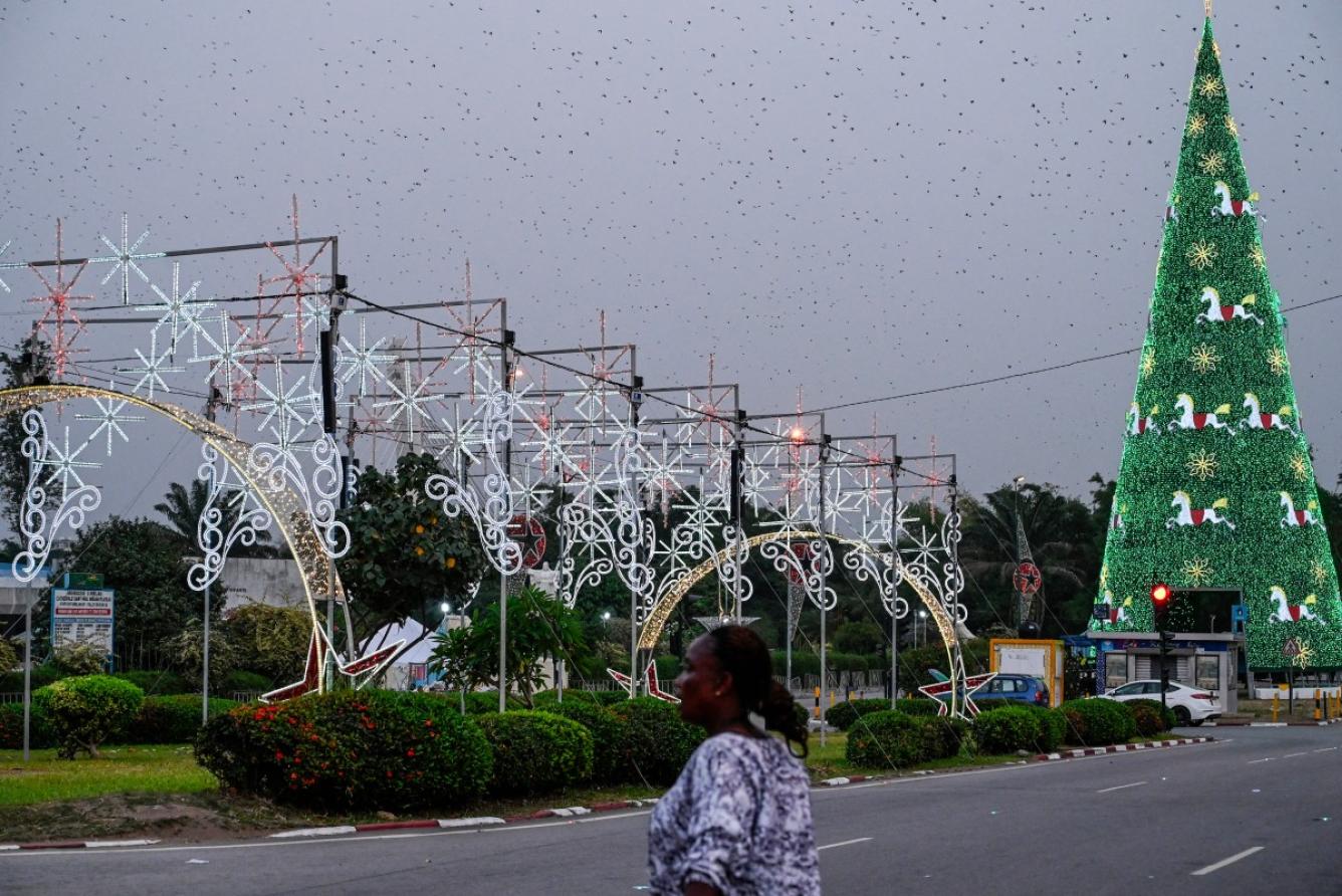 Esta fotografía muestra miles de pájaros volando sobre un gran árbol de Navidad colocado al borde de una calle decorada con luces en Plateau, en el distrito comercial de Abiyán, el 24 de diciembre de 2024.