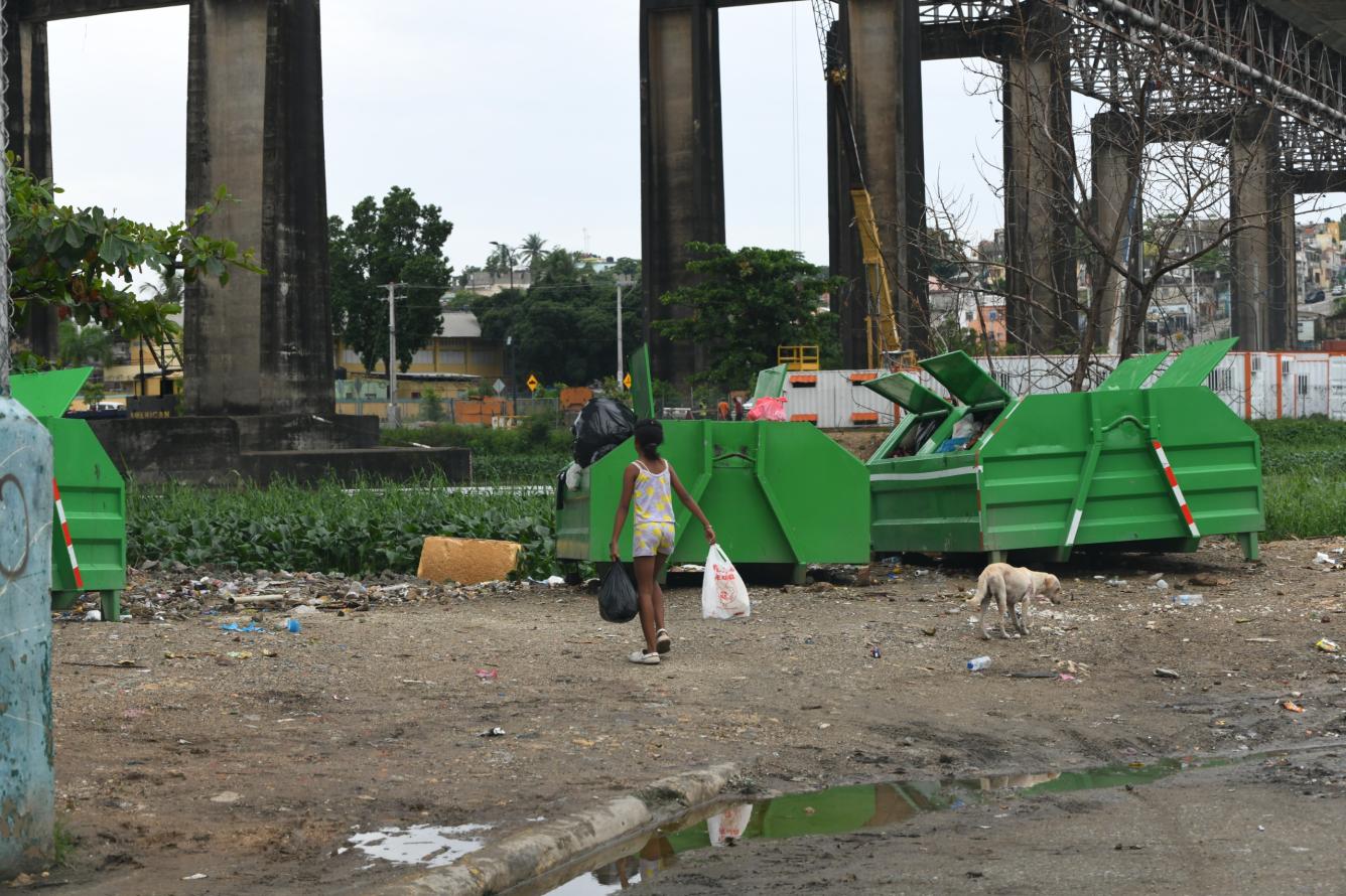 Un perro merodea un entorno punto de acopio de basura tras el paso de la tormenta Melissa.