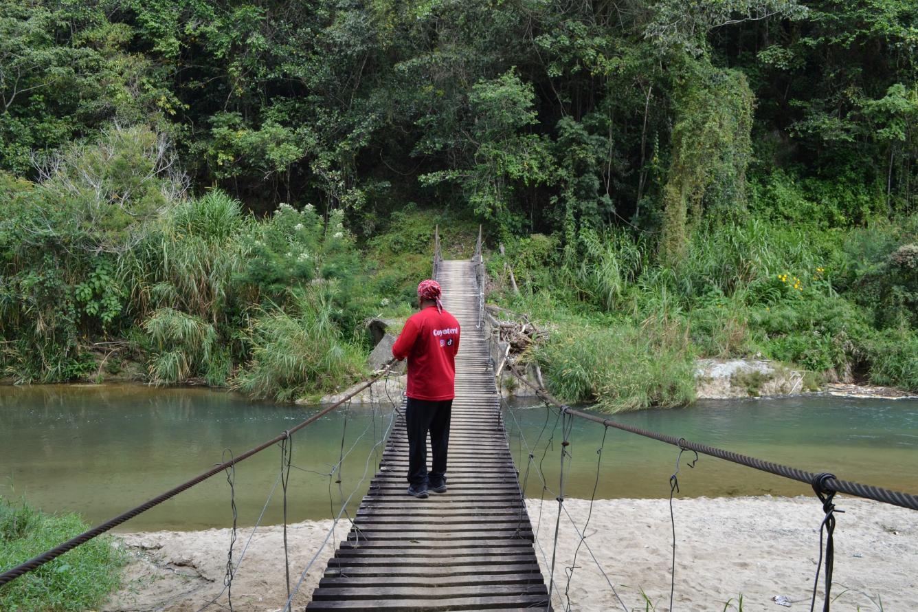 El puente colgante sobre el río Jimenoa, camino a loma La Sal.