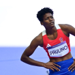 Marileidy Paulino, de República Dominicana, reacciona después de competir en los 400 m femeninos de la prueba de atletismo en los Juegos Olímpicos de París 2024.