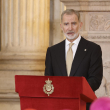 MADRID, 06/06/2026.- El rey Felipe VI pronuncia un discurso en el Salón de las Columnas durante el acto de bienvenida oficial al papa León XIV que tiene lugar este sábado en el Palacio Real. EFE/Chema Moya