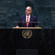 El primer ministro de Haití, Alix Didier Fils-Aime, interviene durante la 81.ª Asamblea General de las Naciones Unidas en la sede de la ONU en Nueva York, el 25 de septiembre de 2026.