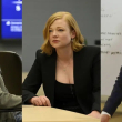 La combinación de tres fotos muestra, izquierda a derecha, a Jeremy Strong como Kendall Roy, Sarah Snook como Siobhan (Shiv) Roy y Kieran Culkin como Roman Roy, de la serie de HBO "Succession".