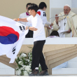 El Papa Francisco hace un gesto mientras los peregrinos celebran en el escenario con una bandera de Corea del Sur, ya que la próxima JMJ se llevará a cabo en Seúl, durante la misa de clausura de las Jornadas Mundiales de la Juventud (JMJ) en el Parque Tajo, Lisboa, el 6 de agosto de 2023.