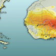Este mapa compuesto muestra áreas terrestres que podrían enfrentar un calor extremo si el planeta continúa calentándose, indicadas en amarillo y naranja.