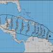 El poderoso huracán Beryl en su trayectoria estimada por el Centro Nacional de Huracanes