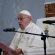 Pope Francis delivers his address next to Papua New Guinea's Governor General Bob Dadae (not pictured) at Government House in Port Moresby, Papua New Guinea on September 7, 2024. (Photo by Tiziana FABI / AFP)