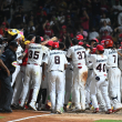 Jugadores de los Leones del Escogido celebran en el home luego del jonrón de oro de Junior Lake.