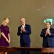 Presidente Luis Abinader, junto a la vicepresidenta de Iniciativas Globales en IA de Nvidia, Kimberly Powell, y el ministro de la Presidencia, José Ignacio Paliza.