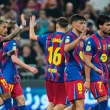 Los jugadores del Barcelona celebran tras marcar el quinto gol en la victoria 5-0 ante Athletic Club en las semifinales de la Supercopa de España, el 7 de enero de 2026.