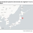 Ubicación aproximada del epicentro del terremoto de magnitud 7,5 en la costa oriental de Japón.