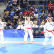 María Dimitrova, Belén Guzmán y Carla Espejo durante su participación en la final femenina de kata por equipo.