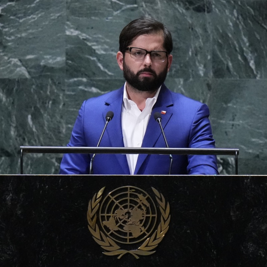 El presidente de Chile, Gabriel Boric, en su intervención ante la reunión anual de la Asamblea General de Naciones Unidas, ayer en Nueva York.