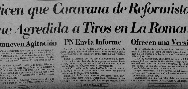 Portada del periódico Listín Diario, del 21 de mayo de 1966, que informa la agresión ocurrida contra una caravana de Joaquín Balaguer.
