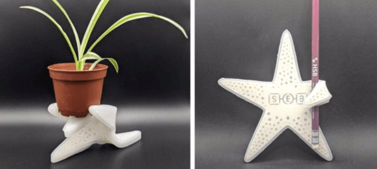 Estructura morfizante que sostiene una planta en maceta, demostrando su capacidad de flexibilidad y resistencia.