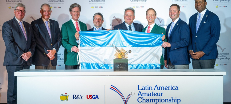 Ejecutivos de las tres entidades fundadoras del torneo junto a los del Pilar Golf Club (ARG), en el anuncio de las sede 2025 del LAAC.