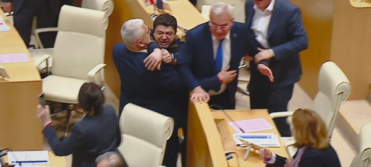 Foto tomada de video difundido por el Canal Mtavari el 14 de mayo de 2024, en que se ve a legisladores georgianos peleando en una sesión parlamentaria en Tiflis.