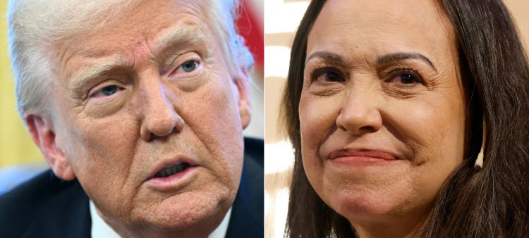 Esta combinación de imágenes muestra a Donald Trump y al premio Nobel de la Paz María Corina Machado en Oslo, Noruega, el 11 de diciembre de 2025