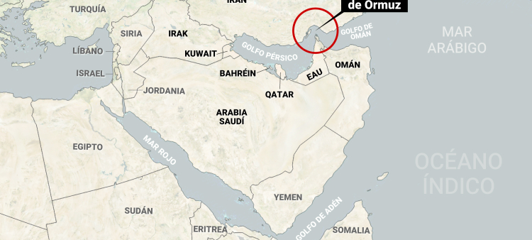 Mapa de localización del estrecho de Ormuz y los países que lo rodean en el golfo Pérsico.