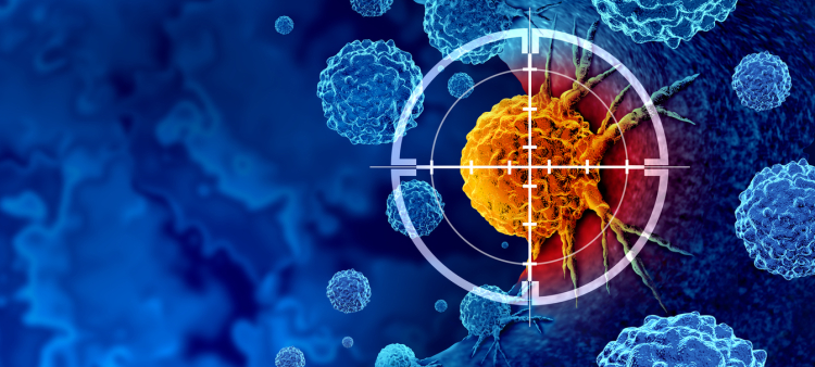 Detección y cribado del cáncer como tratamiento para células malignas con una biopsia o pruebas causadas por carcinógenos y genética con una célula cancerosa como símbolo de inmunoterapia en una representación 3D.
