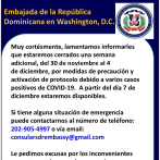 Embajada dominicana en Washington extiende cierre por una semana por casos de Covid-19