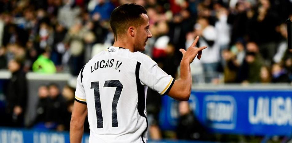 Lucas Vazquez, celebra luego de que su equipo anotara el primero gol de la liga española de futbol el 21 de diciembre 2023.