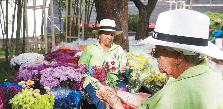 Esmero. Dos mujeres trabajan en un montaje realizado por los silleteros de Los Gigantes de Flores que harán parte de la Feria de Las Flores 2015, en Medellín (Colombia).