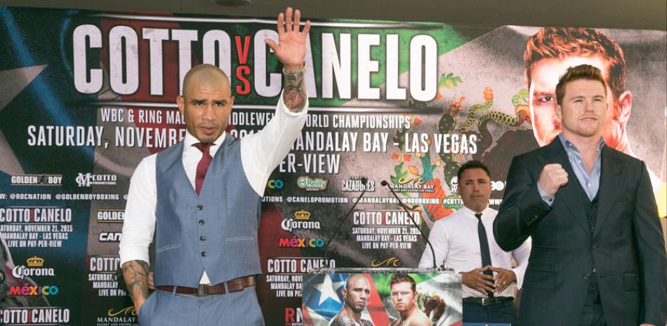 Fiesta del KO. Miguel Cotto y Saúl “Canelo” Álvarez en su encuentro con la prensa en Las Vegas, Nevada, para anunciar su combate que la mayoría de los especialistas consideran terminará por la vía del nocaut, sin importar quien sea el ganador.