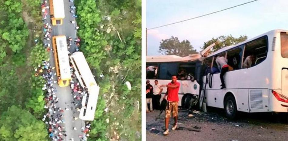 Suceso. A izquierda una foto desde arriba muestra la posición en que quedaron los autobuses involucrados en el choque. A la derecha, algunos de los pasajeros ilesos abandonan las unidades.