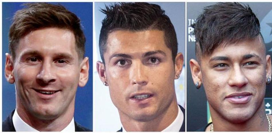 La composición fotográfica muestra desde la izquierda a Lionel Messi, Cristiano Ronaldo y Neymar que son los finalistas para el Balón de Oro.